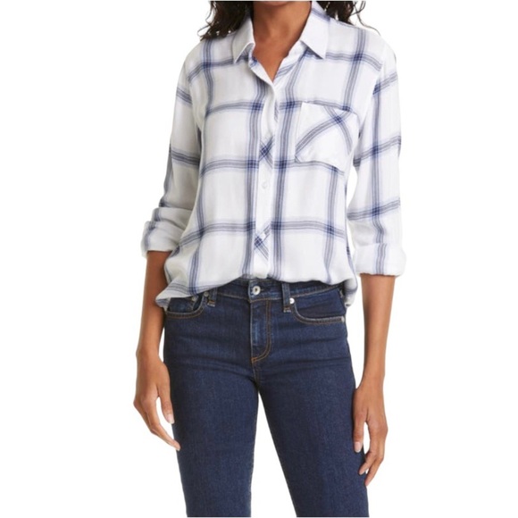 Rails Hunter Button-Up Shirt Women's Size XS White Azure Coal Plaid Flannel Soft - Picture 1 of 7